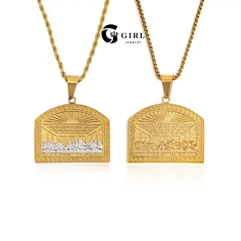 GGIRL 18K Gold Plated Last Supper Jesus Pendant Fashion Necklace - Lead-Free Titanium Steel Bold Long Chain Hip Hop Punk Jewelry for Men Women, Versatile Statement Piece for Daily/Party, Happy Birthday Ideas Father's Day Gift
