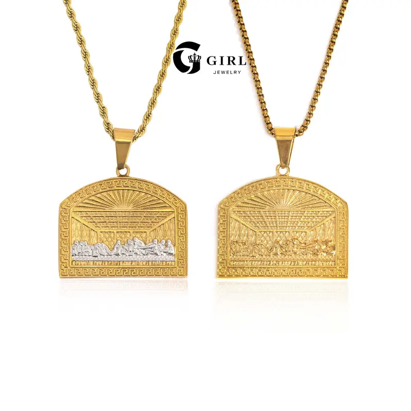 GGIRL 18K Gold Plated Last Supper Jesus Pendant Fashion Necklace - Lead-Free Titanium Steel Bold Long Chain Hip Hop Punk Jewelry for Men Women, Versatile Statement Piece for Daily/Party, Happy Birthday Ideas Father's Day Gift