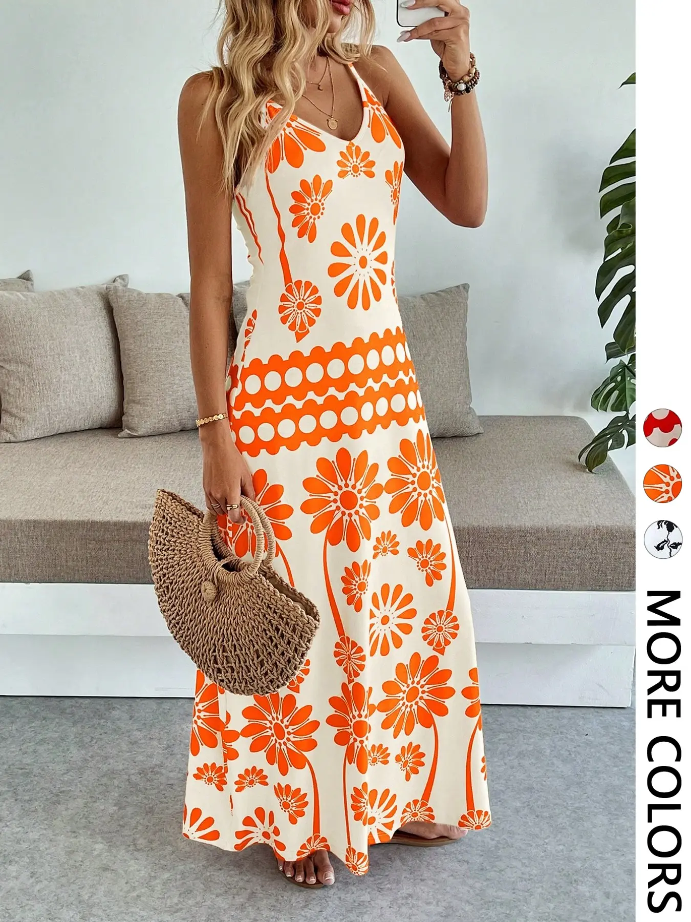 Women's Floral Halter Neck Sleeveless Flowy Long Dress, Boho Flowy Dress, Vacation, Casual Bohemian Chic Style, Elegant and Comfortable, Perfect for Summer