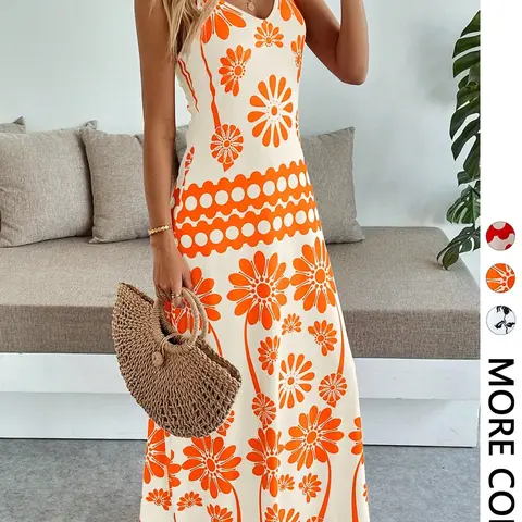Women's Floral Halter Neck Sleeveless Flowy Long Dress, Vacation, Casual Bohemian Fashion Chic Style, Elegant and Comfortable, Perfect for Summer