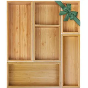 Bamboo Drawer Organizer Set, 5 PCS Multi-Use Individual Wood Storage Organizers, Junk Drawer Divider Storage Trays for Kitchen, Bathroom, Office Desk, Makeup, Jewelry and Utensils