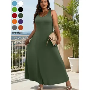 Plus Size Women's Summer Solid Round Neck Sleeveless Backless Dress Womenswear, 10 Colors Available, Beach Style Casual Daily Wear