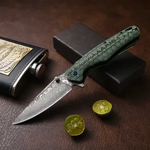 Damascus steel multi-purpose knife, featuring a tough and sharp steel-patterned blade, a green and black honeycomb-textured G10 handle, and a lanyard hole at the end of the handle, gift-boxed, making it a perfect choice for collection and gifting.