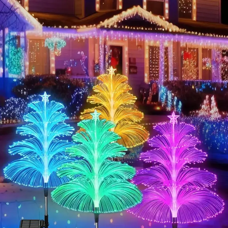 4PCS Solar Christmas Decorations Trees Lights Outdoor Waterproof Solar Christmas Tree Jellyfish Lights 5 Layer Optical Fiber 7 Color Changing for Pathway Lawn Patio Outside Decorative,