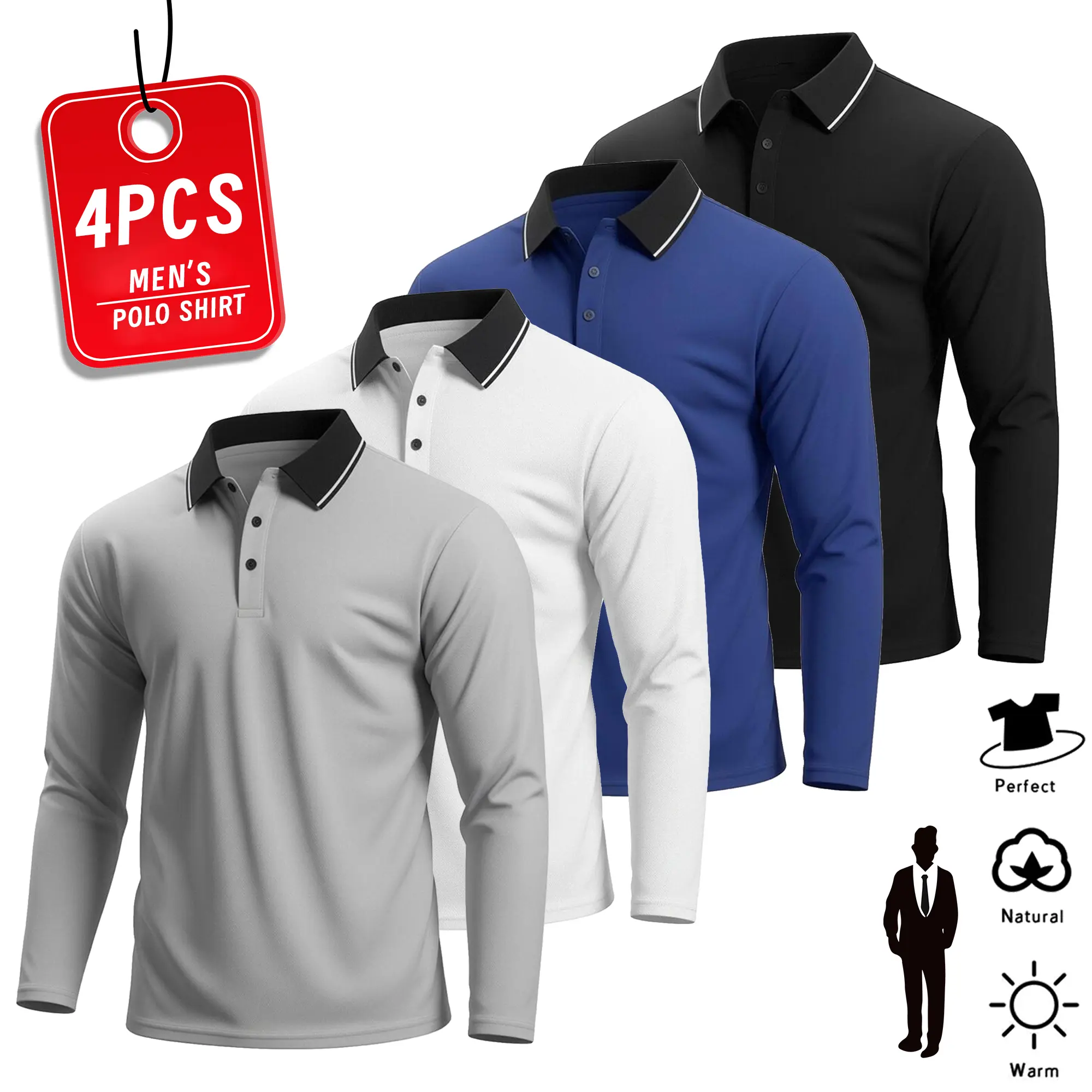 4-pack men’s long-sleeve polo shirts—skin-friendly and comfortable; suitable for sports and casual wear, everyday outings, home, commuting, office work, golf, and more; versatile with diverse styles and ideal as a holiday gift.
