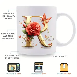 BPA Free Eleven Ounce Ceramic Mug Featuring Alphabet and Floral Motif Perfect for Celebrations and Daily Use