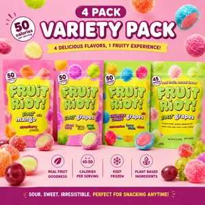 Fruit Riot Variety Pack – 4 Flavors Real Frozen Fruit Candy, Sour & Crunchy Mixed Grapes and Mango, Gluten Free, Kosher, 8 oz Bags (Pack of 4) Bonbon Sweet Snack Fruity Tangy