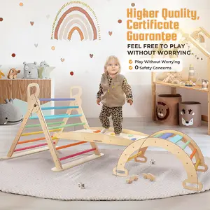 Pikler Triangle Set 10-in-1 Foldable Baby Climbing Toys Wooden Montessori Climbing Set with Arch Ramp Ladder Baby Climber Indoor Jungle Gyms for Toddlers Montessori Toys Two Wooden Toy Cars Included Rainbow Natural