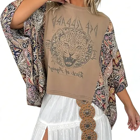 Women's Lightweight Vintage Draped Boho Western Leopard Graphic Blouse - Wild Animal Print, Ethnic Design, Batwing Sleeves, Loose Oversized Fit, Playful Print, Western Clothing, Concert & Country Event Wear, Halloween Top