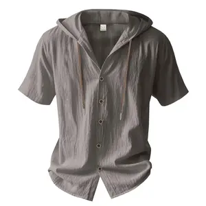Cotton Linen Shirt for Men Hooded Short Sleeve Solid Color Breathable Lightweight Drawstring Design Shirts Casual Basic Tees