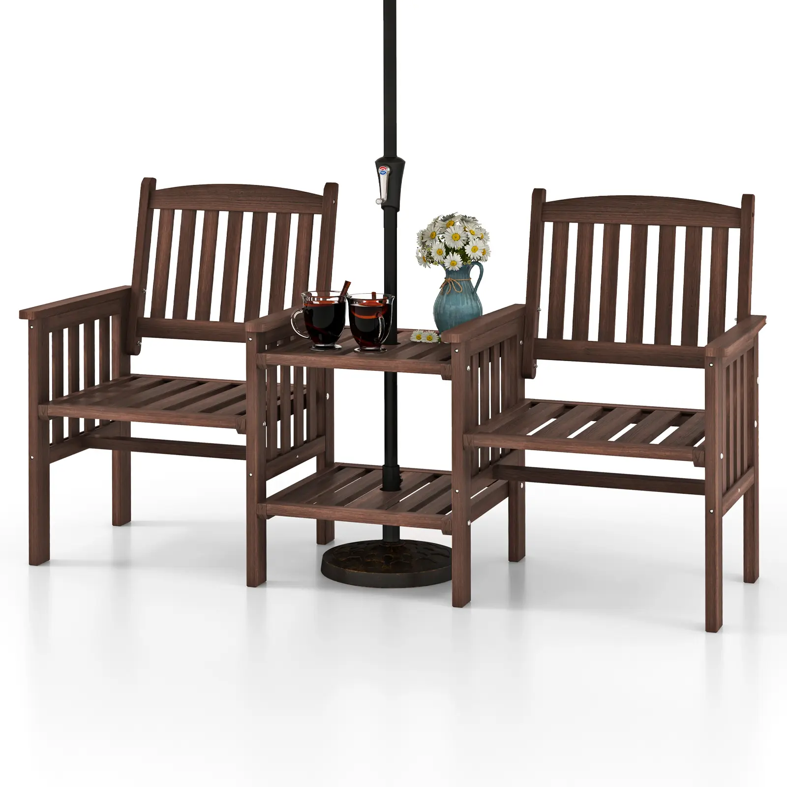 COSTWAY - Outdoor Fir Wood Loveseat with 2-Tier Side Table and 1.96" Umbrella Hole-Coffee COSTWAY - Outdoor Fir Wood Loveseat with 2-Tier Side Table and 1.96" Umbrella Hole-Coffee