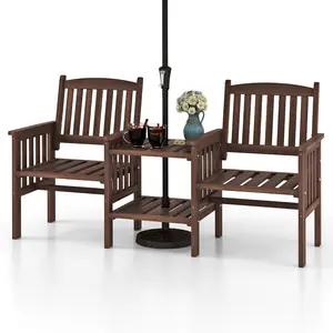 COSTWAY - Outdoor Fir Wood Loveseat with 2-Tier Side Table and 1.96" Umbrella Hole-Coffee