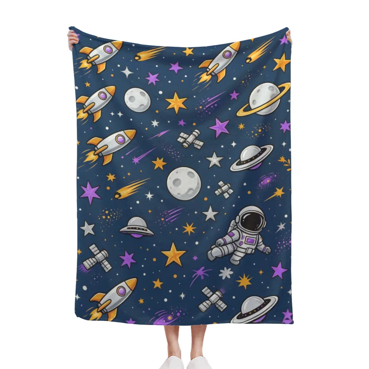 Space Planet Rocket Astronaut Dark Blue Throw Blanket, Galaxy Outer Space Kids Fleece Blanket