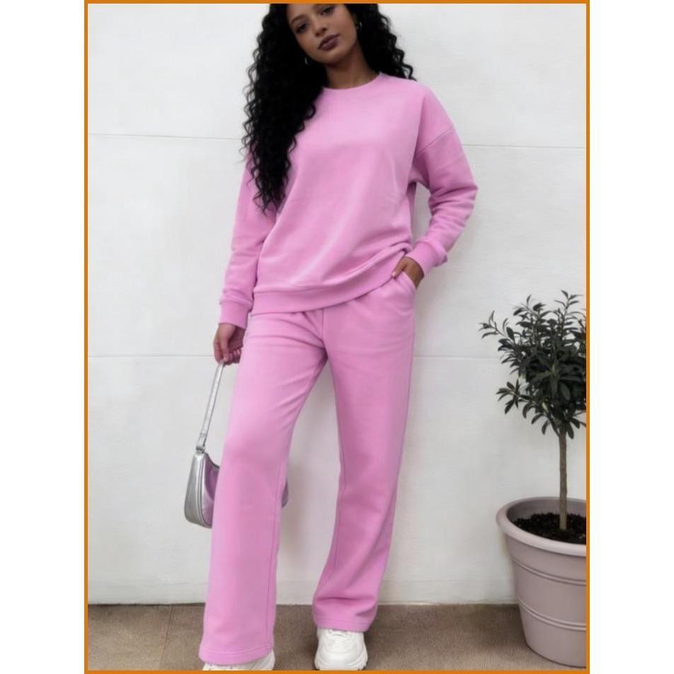 Women's Pink Cotton Crewneck Sweatshirt Set – Casual Pullover Hoodie & Jogger Pants 2 Piece Loungewear Set