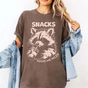 Comfort Colors Snacks Make Me Nicer Shirt, Funny Raccoon T-Shirt, Cute Animal Graphic Tee, Coffee Lover Humor Top, Gift for Animal Lovers