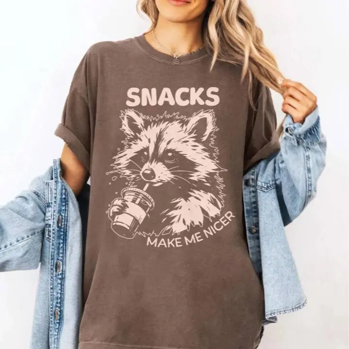 Comfort Colors Snacks Make Me Nicer Shirt, Funny Raccoon T-Shirt, Cute Animal Graphic Tee, Coffee Lover Humor Top, Gift for Animal Lovers