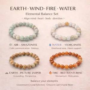 [Quiet Light] Earth • Wind • Fire • Water Set — Balance • Flow • Momentum • Grounding (Stack of 4 Bracelets with Red Aventurine Morganite Picture Jasper & Amazonite for Elemental Balance)