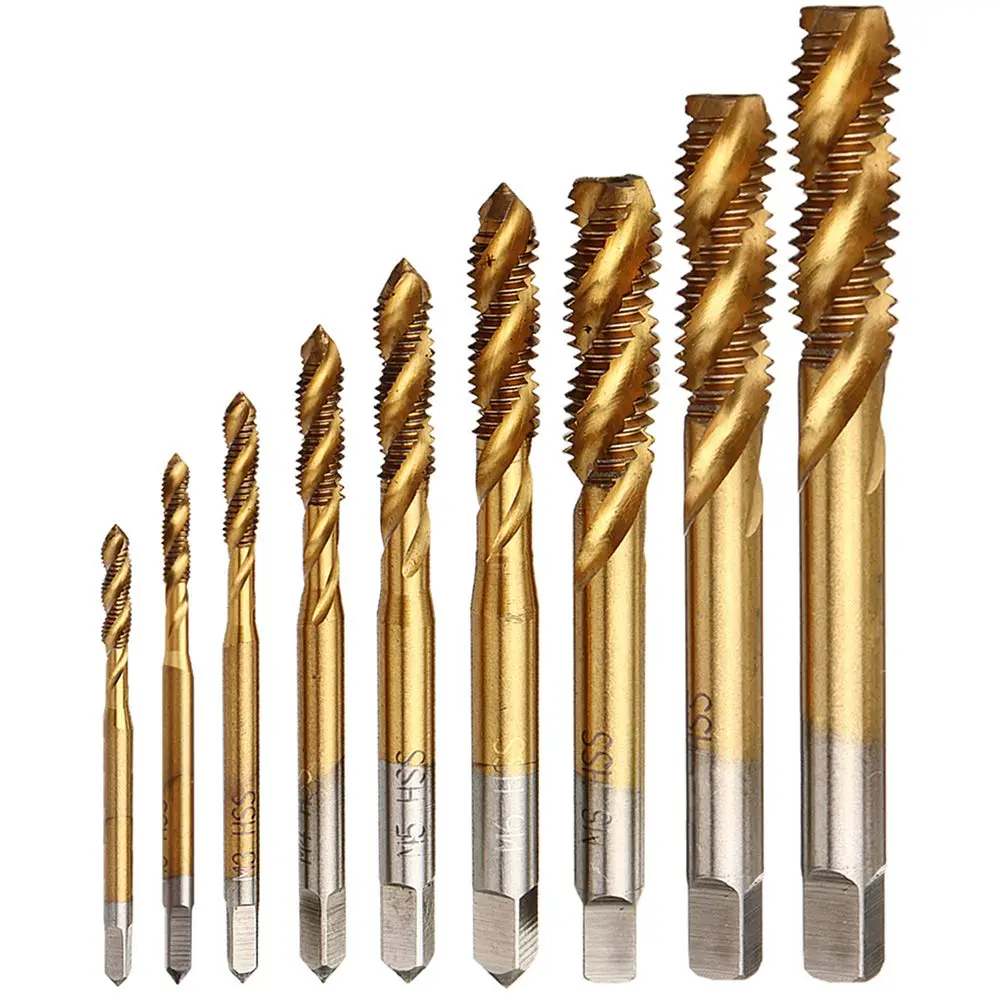 9 count Machine Screw Tap Set Titanium Spiral Flute Drill Taps Metric M2 M2.5 M3 M4 M5 M6 M8 M10 M12 Thread Tapping Tool