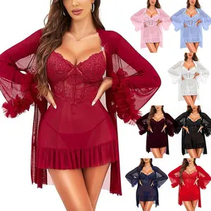 Women Robe Lingerie Set Lace V-neck Cami Dress with Transparent Mesh Night Gown Robe Nightwear Female Casual Sleepwear