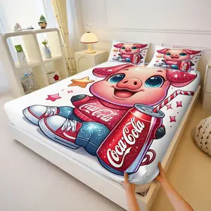 3PcsCute Cartoon Pink Pig Coca - Cola Printed Fitted Sheet Set, Whimsical Bedding Set with Blue Eyes & Sparkles, Soft Microfiber Bedspread for Bedroom Decor, Festive Christmas - Themed Bedding for Guest Room,Includes 2 Pillowcases, No Pillow Core