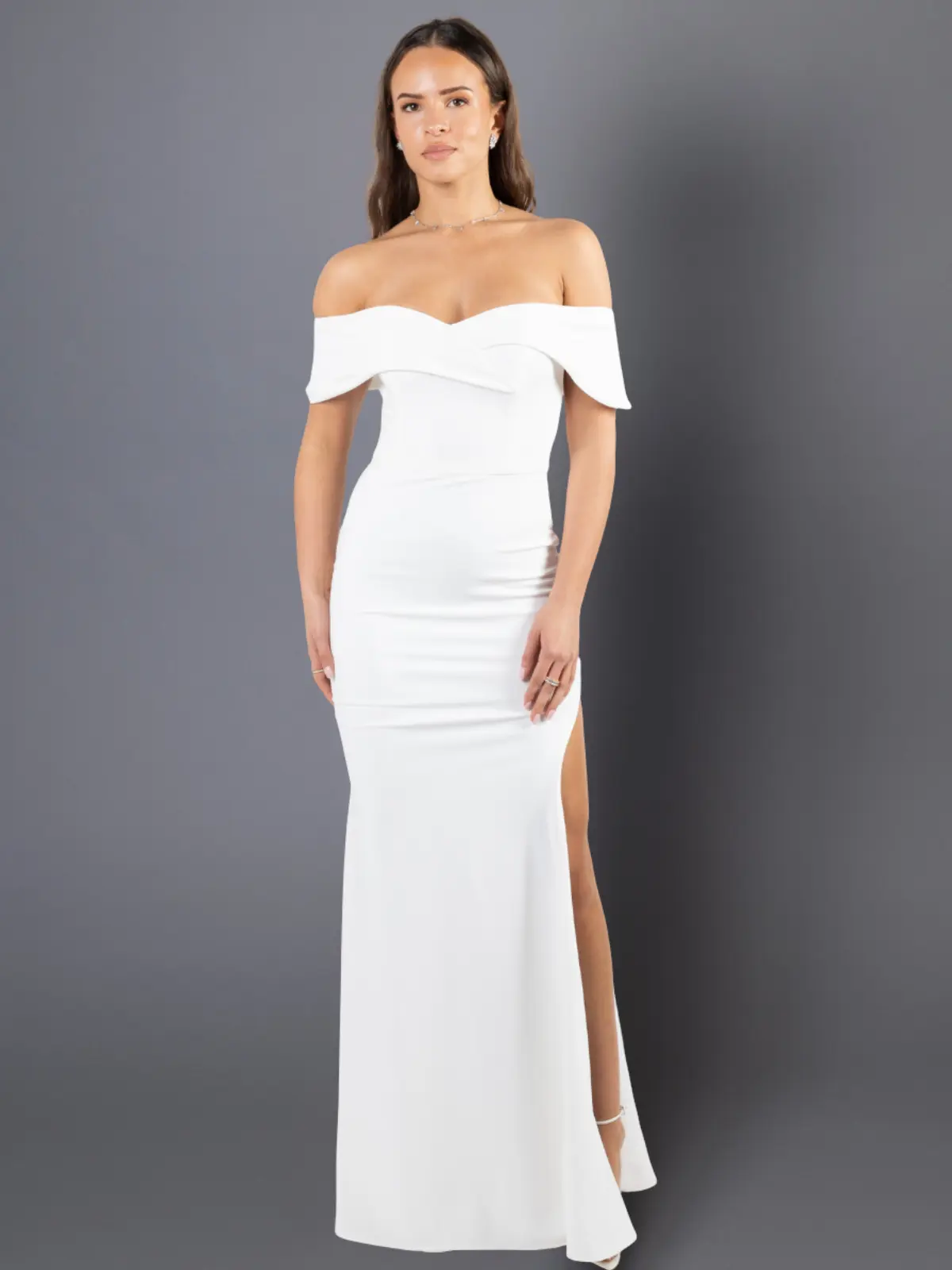 Amanda Women's Formal Evening Dress, Evening Gown with Off-Shoulder Design, Corset Bodice, Scuba Crepe Fabric, and Side Slit, Off Shoulder Dress