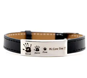 Custom Engraved Leather Bracelet Personalized Family Handprints Nameplate