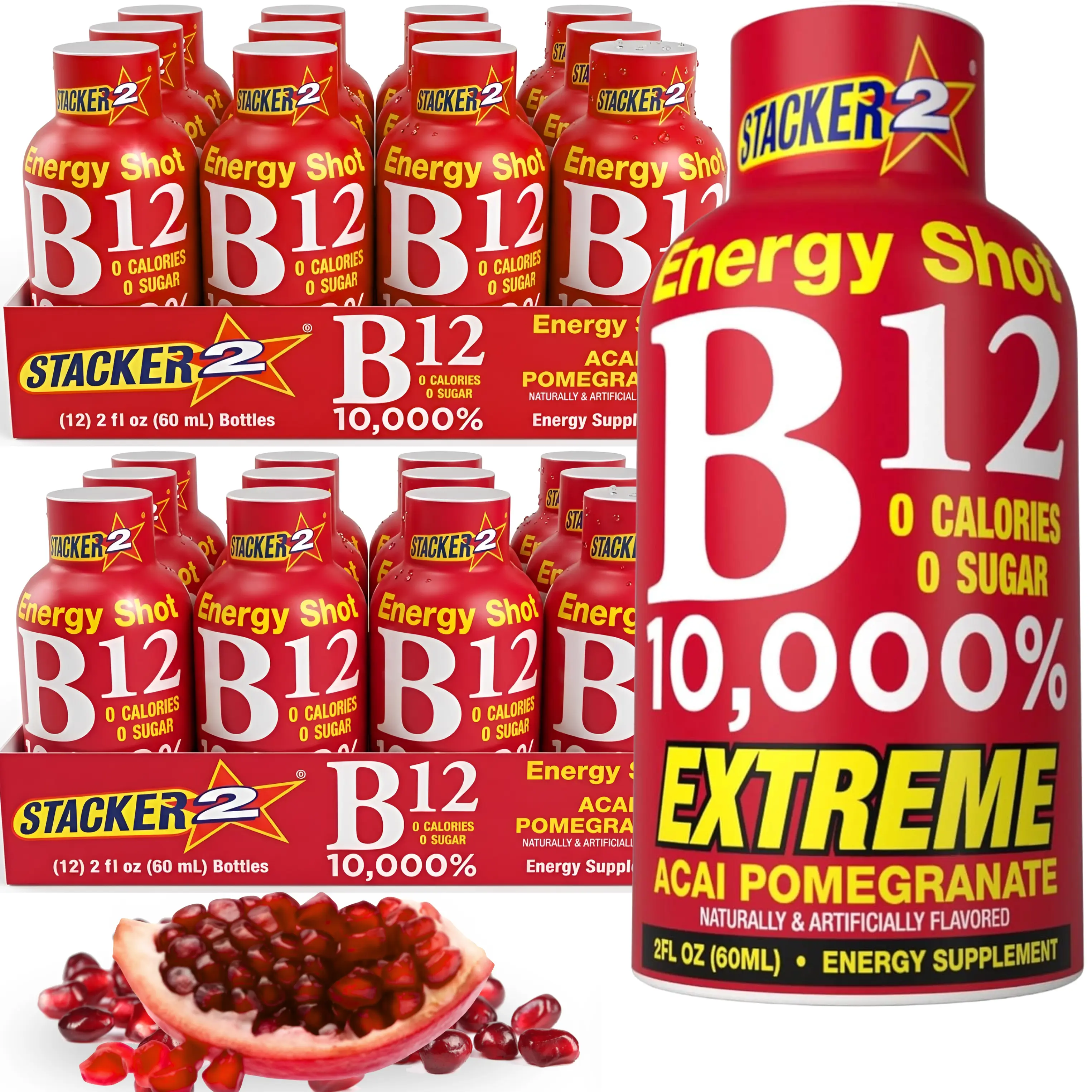 Stacker 2 Vitamin B Complex B12 B6 B3 Liquid Energy Shots Vegansafe 24 Bottles Acai Pomegranate 0 Calories 0 Sugar