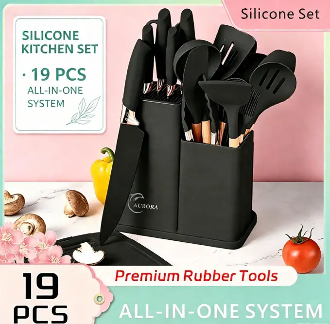 19-Piece  Kitchen Knives & Utensil Cookware Set for Women - Heat-Resistant Silicone Cutlery, Wooden Handles, Chef Knife, Nonstick Compatible Tools, Ladle, Stylish White Blush Pink Eco-Friendly Valentine’s Day Gift