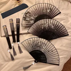 Foldable Chinese Vintage Decorative Hand Fan with Beads and Tassels, Portable Photo Prop for Scenic Spots, Comes with Fabric Case for Travel