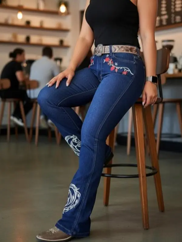 Women's High Waist Embroidered Floral Bootcut Leg Jeans - Western Style Cotton Blend Denim, Fitted, Pocketed, All Seasons Streetwear Casual Bottoms (Sizes S-M)