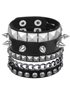 Punk Rivet Bracelet Set, Gothic Spiked PU Leather Cuff Bracelets, Adjustable Unisex Halloween Accessory for Rock