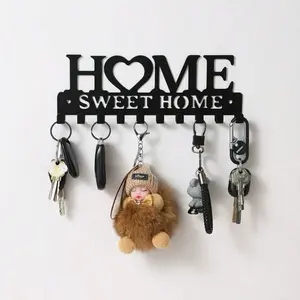 Black Key Holder Wall Mounted Storage Rack, Metal Art Decorative Hook For Keys, Coats, Hats, Entrance, Hallway, Home Sweet Home Design