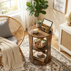 YATINEY Side Table, 3-Tier Round End Table for Small Spaces, Accent Table with Storage Shelves, Nightstand for Living Room, Bedroom, Rustic Brown