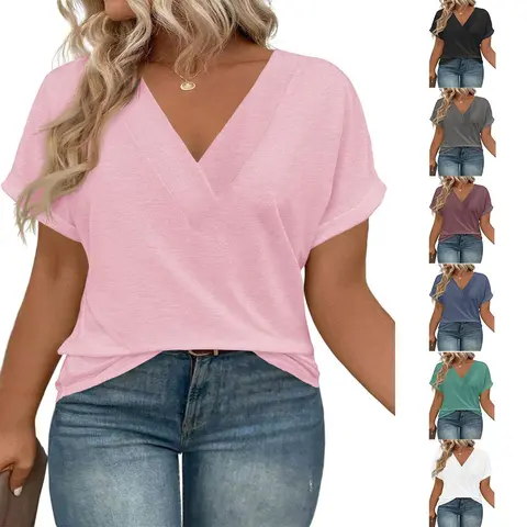 【XL-5XL】Imily Bela Curve Womens Plus Size V Neck T Shirts Short Sleeve Summer Dressy Casual Tunic Tops Loose Fit Tees Blouse