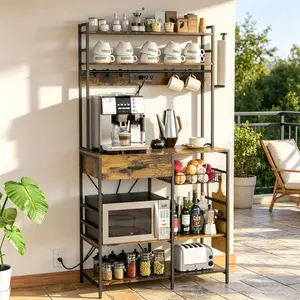 giteo bedding Bakers Rack with Power Outlet| 6-Tier Coffee Bar Station with Adjustable Shelves, Drawer, Pull-Out Baskets, 12 Hooks & Paper Towel Holder - Large Microwave Stand for Kitchen, Brown