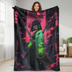 Cyberpunk Samurai Girl Flannel Blanket Neon Demon Tokyo Anime Print Soft Cozy Lightweight Warm Microfiber Throw for Bedroom Sofa Gaming Room Dorm Travel Gift Lounge Decor