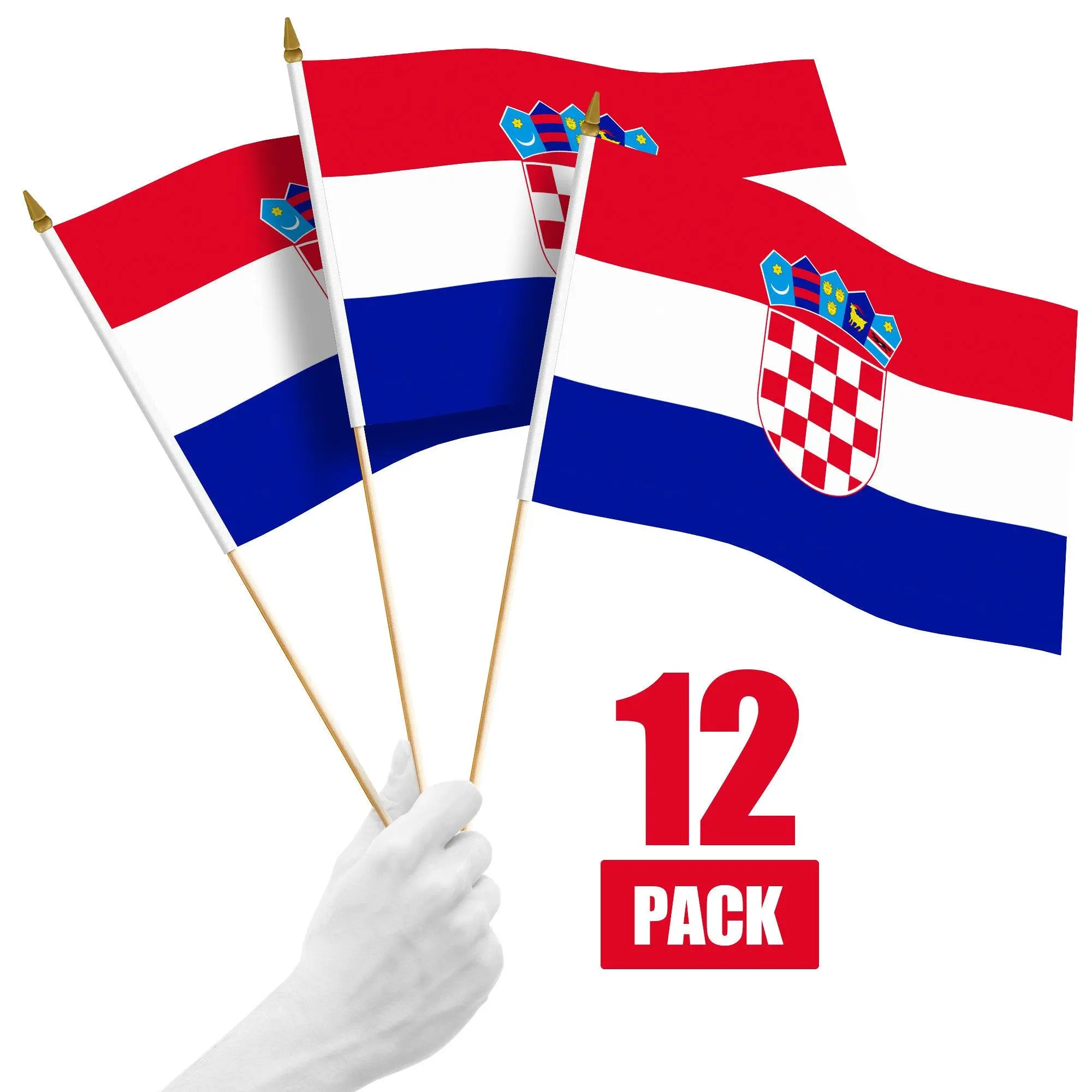 G128 12 Pack Handheld Croatia Croatian Stick Flags | 12x18 In | Printed 150D Polyester, Country Flag, Solid Wooden Stick, Spear Gold Tip