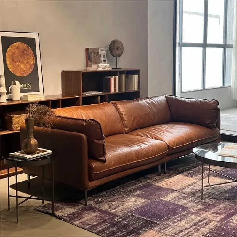 Mid Century Cognac Brown Genuine Leather Sofa, Deep Seat Cloud Couch, Modern Minimalist Living Room Furniture