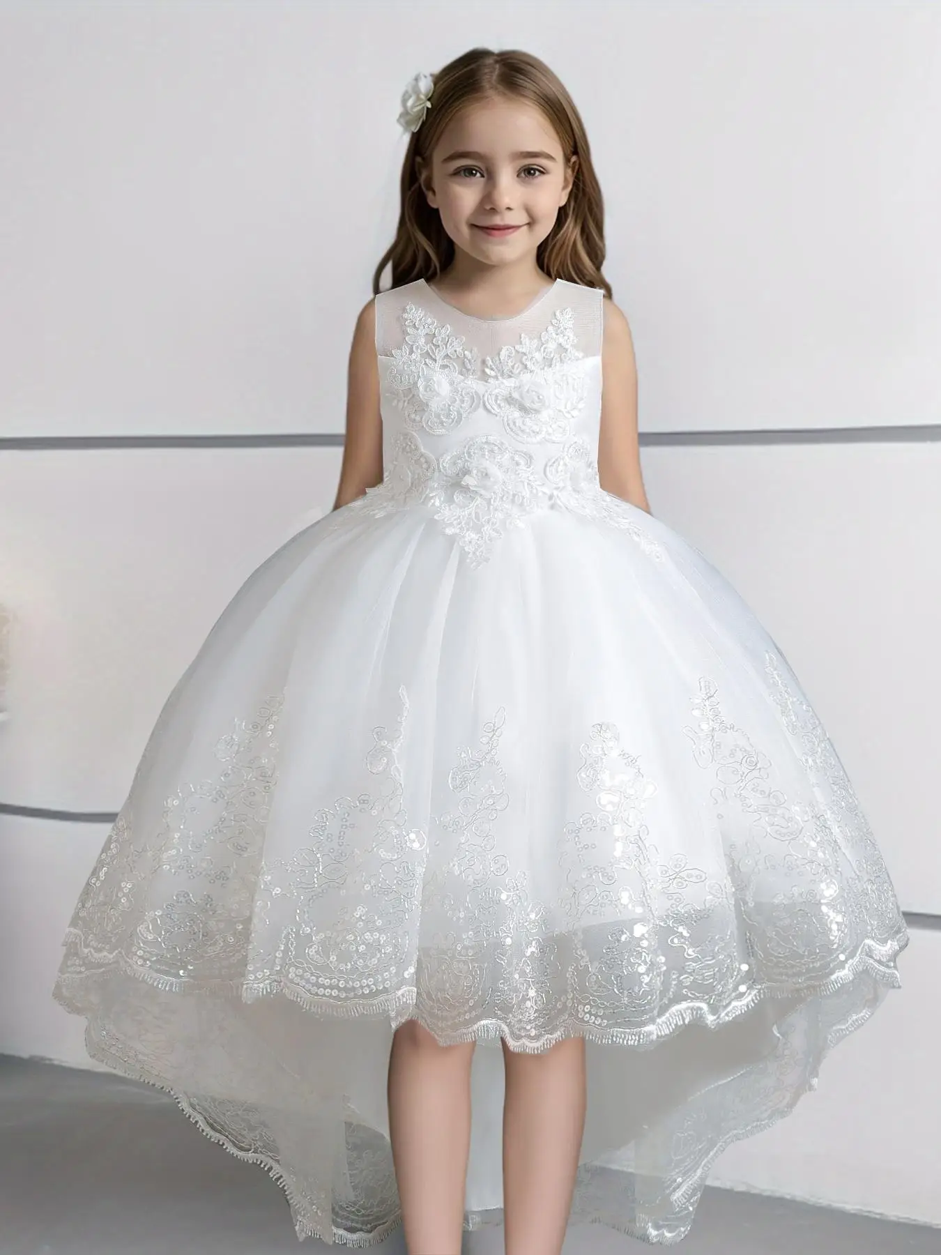 Girl's Contrast Lace Appliques Pearls High Low Hem Tulle Dress, Elegant Sleeveless Zipper Back Fit & Flare Dress for Party Performance Wedding Guest,