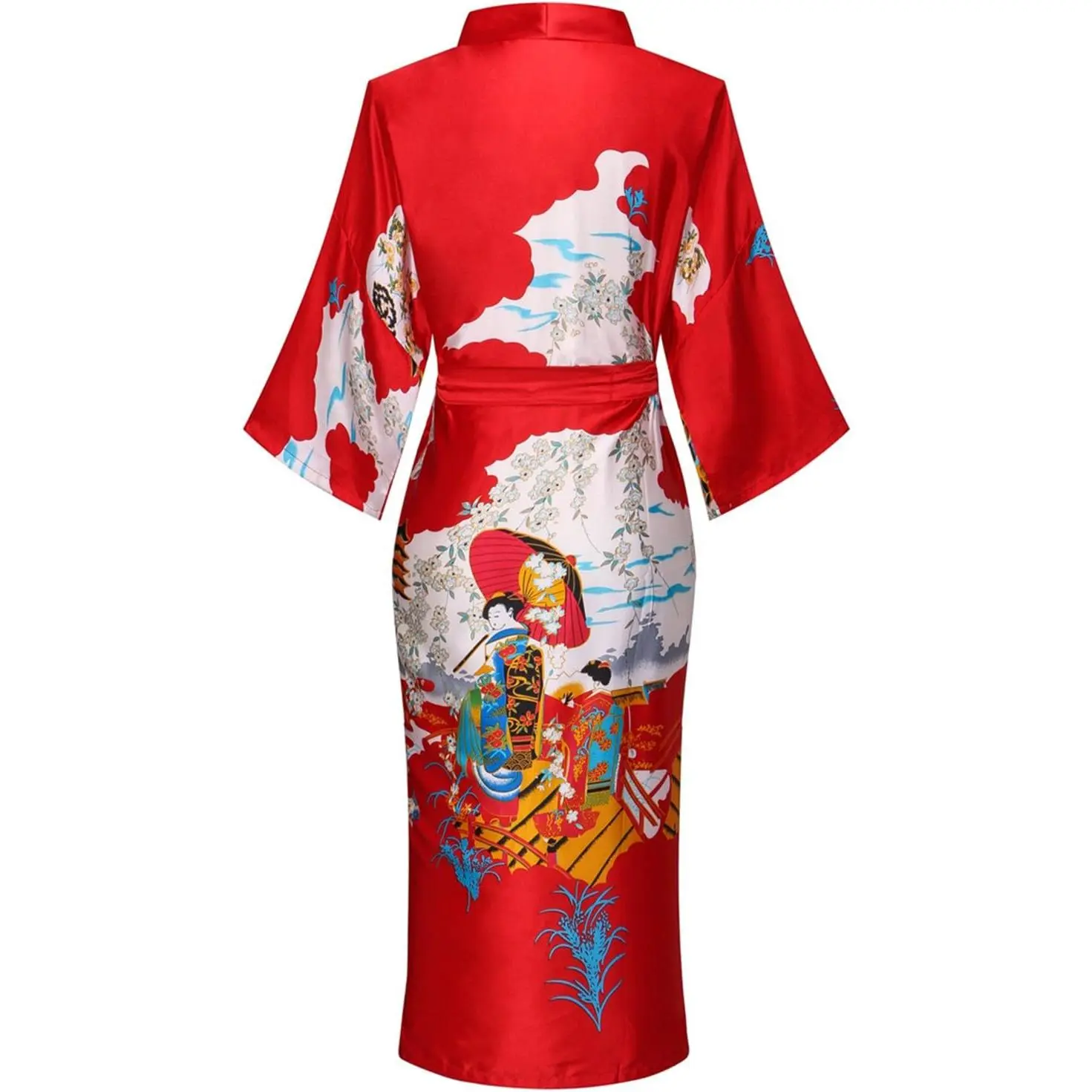 Lady's Loose-Fitting Floral Print Silk Long Kimono Robe - Wrapped Belted, Lightweight, Skin-Friendly Sleepwear & Loungewear Bathrobe/Dressing Gown, Black, Wrapped Belted Robe, Floral Print Robe