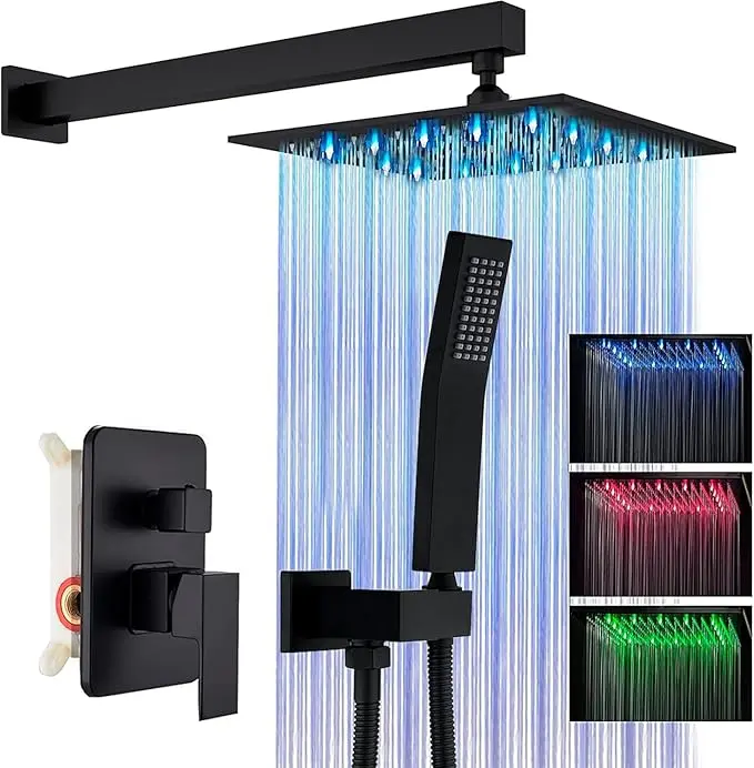 Matte Black LED Shower Faucet Set, Rainfall Shower System with Mixing Valve, Wall Mounted 2-Functions Bathroom Shower Systems with High Pressure Rain Shower and Handheld Sprayer Shower Trim Included, 12/16 INCH 2 sizes to Choose