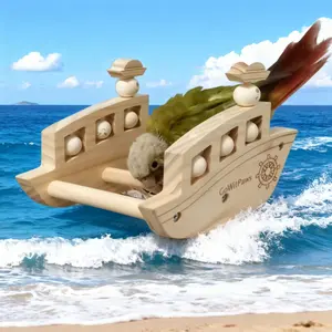 GoWitPaws Natural Wooden Rocking Boat Stand Triple Perch Swing with Rotating Beads for Small Birds Animals Intelligence Puzzle Enrichment Toys for Parakeets Wooden Parrot Perch Platform Bird Playground Play Stands for Conure Cockatiel
