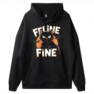 Feline Fine Unisex Hoodie, Black Cat Graphic Pullover with Pumpkin Design, Cute Halloween Casual Sweatshirt, Cozy Fall Outfit, Made in USA. LKD