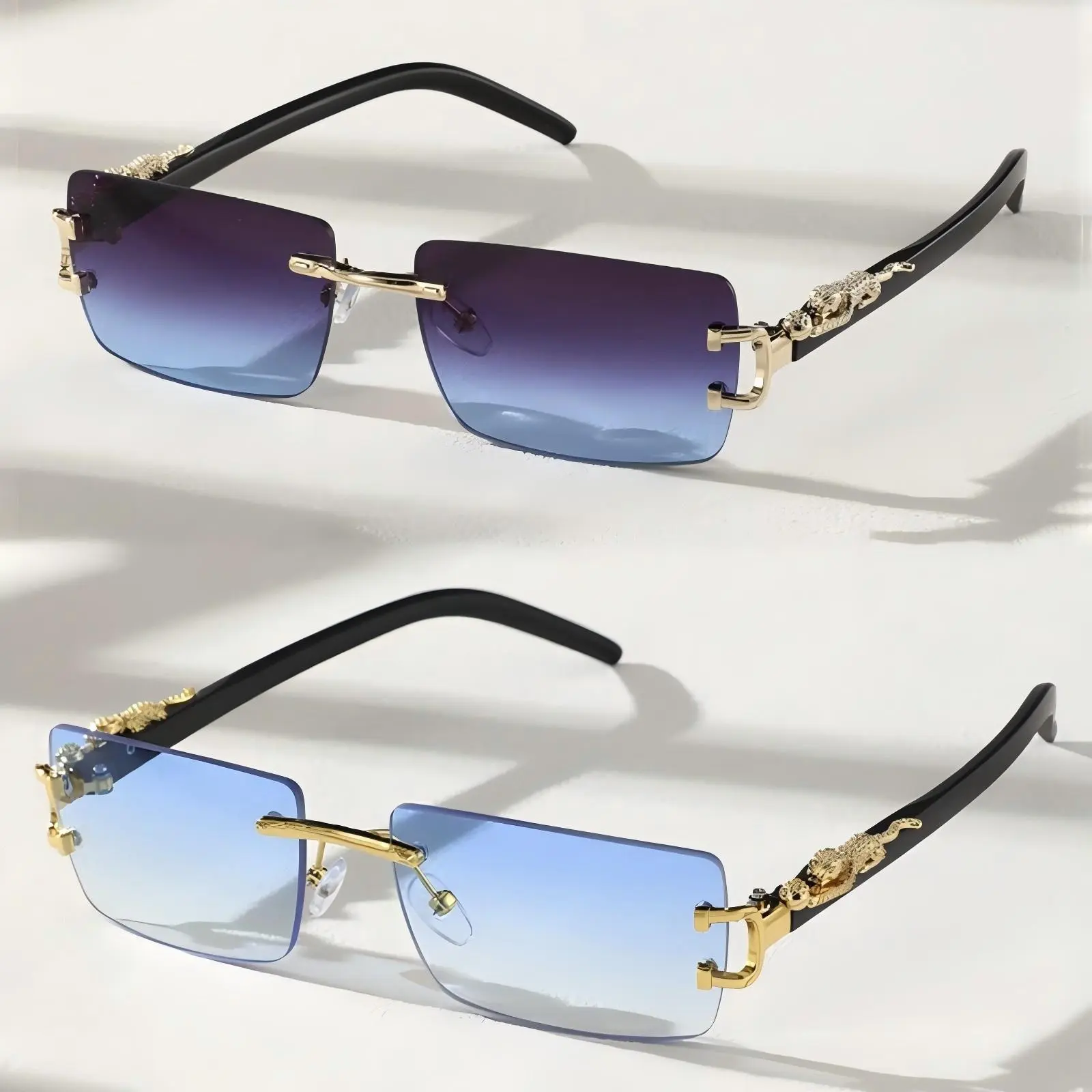 Unisex 2-Pack Square Sunglasses, Frameless Plastic Frame with Gold-Tone Accents, UV400 Lightweight PC Lenses, Fashionable Modern Trendy Styling Sunglasses for Adult Daily Wear, Fashionable Sunglasses