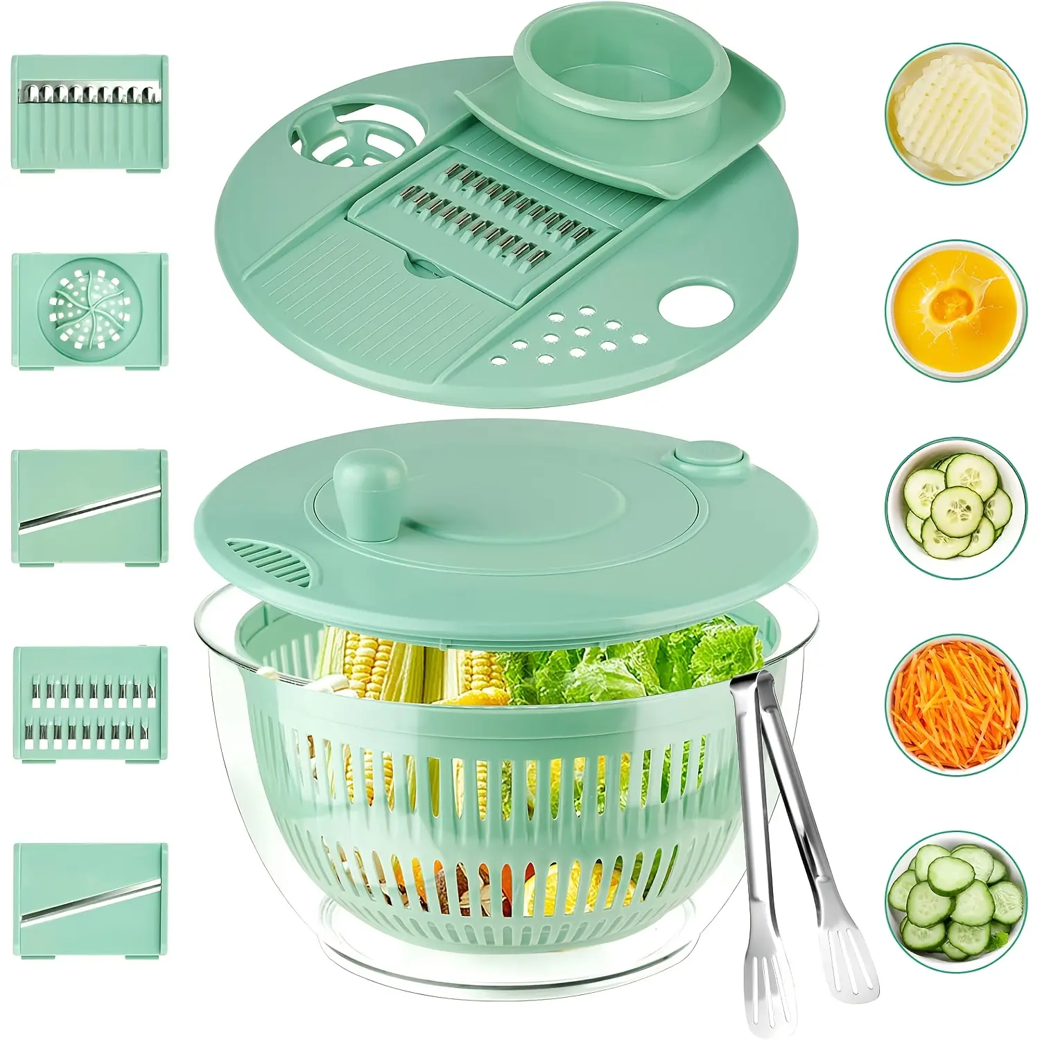 Large 3-in-1 Heavy-Duty Salad Spinner with 5-Blade Slicer & Egg Strainer - Heavy-Duty Plastic Food Processor-like functionality, 5. 3 Qt Large Capacity Bowl with Non-Slip Base, Space-Saving Design for Kitchen - Efficient Vegetable, Fruit, Lettuce Washing