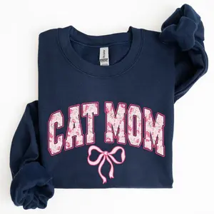 Cat Mom Coquette Sweatshirt, Pink Bow Cat Mom Shirt, Soft Girl Era Crewneck for Women, Girly Aesthetic Cat Lover Sweater - AMBER