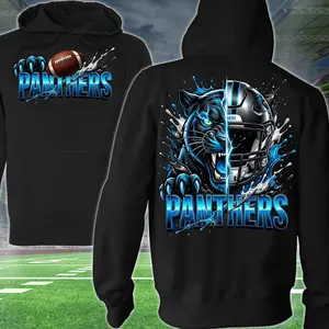 Strong Panthers Football 2 Sided Hoodie, Football Player Sweatshirt, Sports Apparel, Black & Blue Helmet Pullover Classic T-shirt, Graphic Printed Streetwear Top, 100% Cotton, Gift For Fans