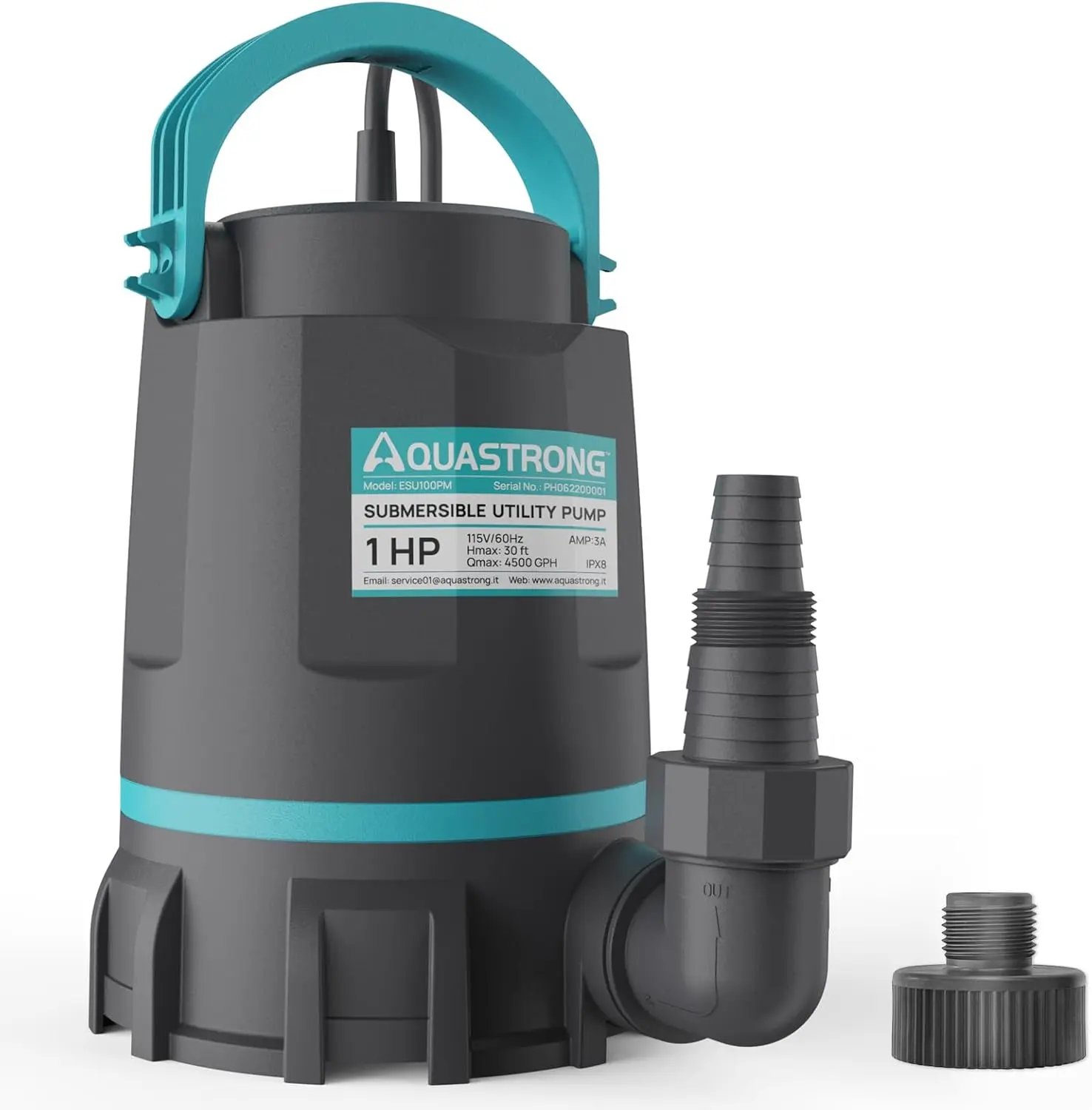 1 Horsepower Submersible Utility Sump Pump, 4500 GPH High Flow Water Drainage Pump, Reinforced Thermoplastic Casing, 30ft Vertical Lift, Thermal Overload Protection, Portable Submersible Water Pump for Basement Flooding Hot Tub Garden Pond