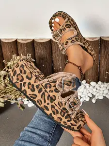 Women's Thick Sole Slip-On Sandals, Leopard Pattern PU Leather Shoes, Fashion Bow Design, Summer Outdoor Footwear, Medium Width, Fashionable PU Slides, Leopard Print Slides
