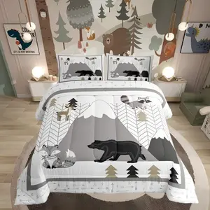 Wild Animals Comforter Setsafari Animal Print Comforter,Boys Girls Teens Cute Fox Bear Deer Bedding Set,Kids Cartoon Mountains Trees Duvet Set,Room